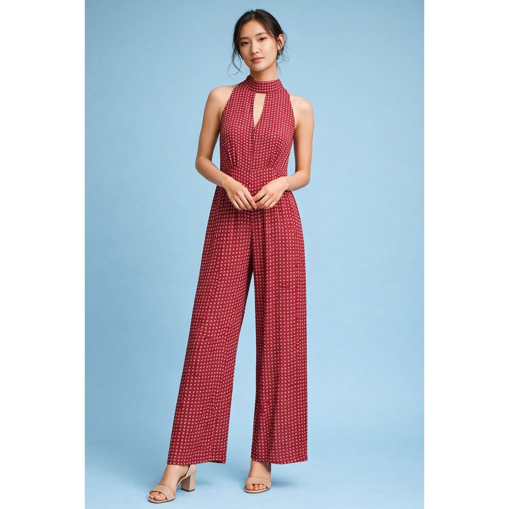 Maeve (Anthropologie) Farida Red Geometric Halter Boho Wide Leg‎ Jumpsuit Size 4